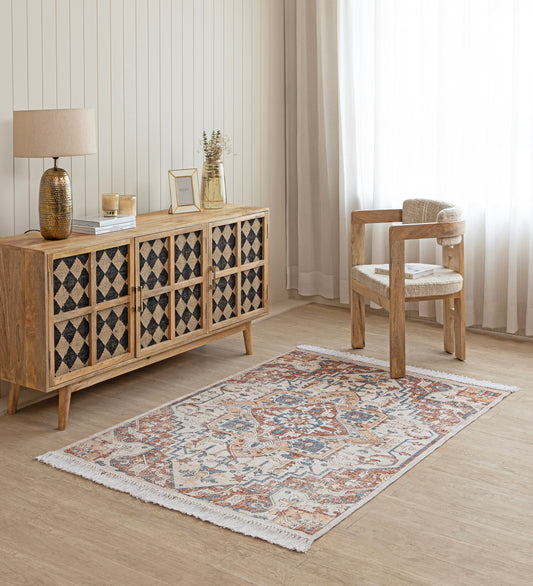 VANYA Beige Geometric Hand Woven Cotton Dhurrie Rug (6 ft x 4 ft)