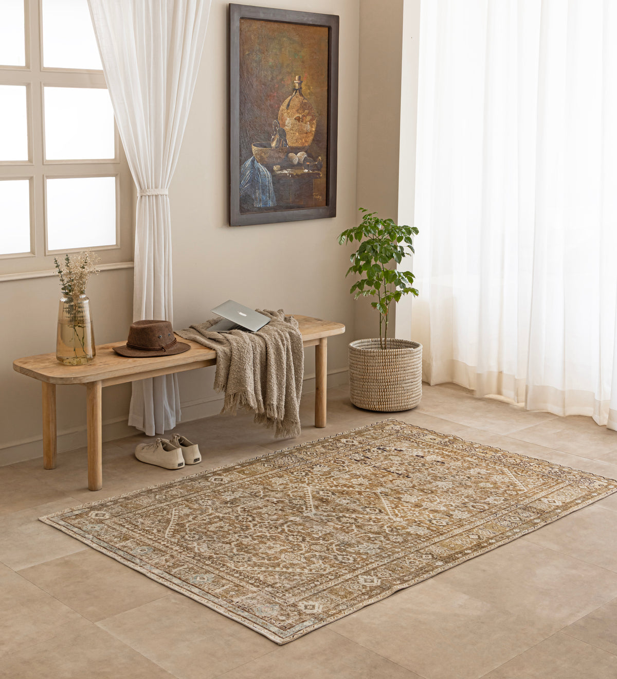 SAHANA Cream Geometric Hand Woven Cotton Dhurrie Rug (6 ft x 4 ft)