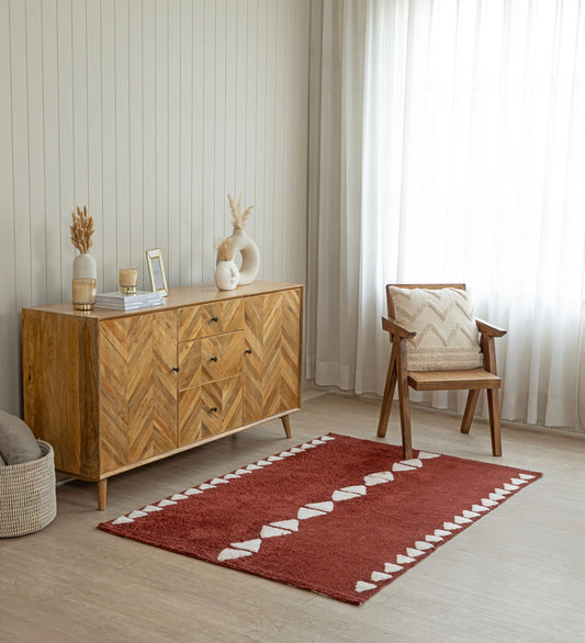 RUHI Maroon Geometric Hand Woven Cotton Dhurrie Rug (6 ft x 4 ft)