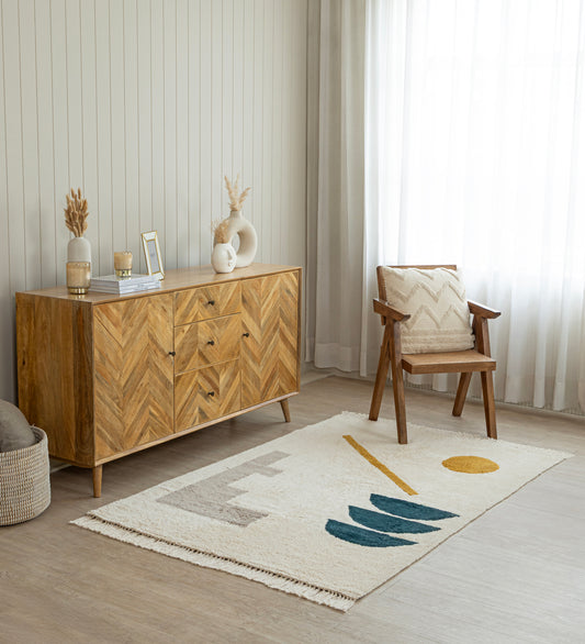VIRA White Geometric Hand Woven Cotton Dhurrie Rug (6 ft x 4 ft)