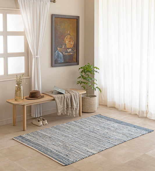 AALIA Blue Striped Hand Woven Cotton Dhurrie Rug (6 ft x 4 ft)