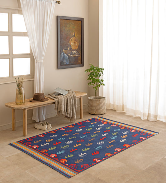 MEERA Blue Geometric Hand Woven Cotton Dhurrie Rug (5 ft x 3 ft)