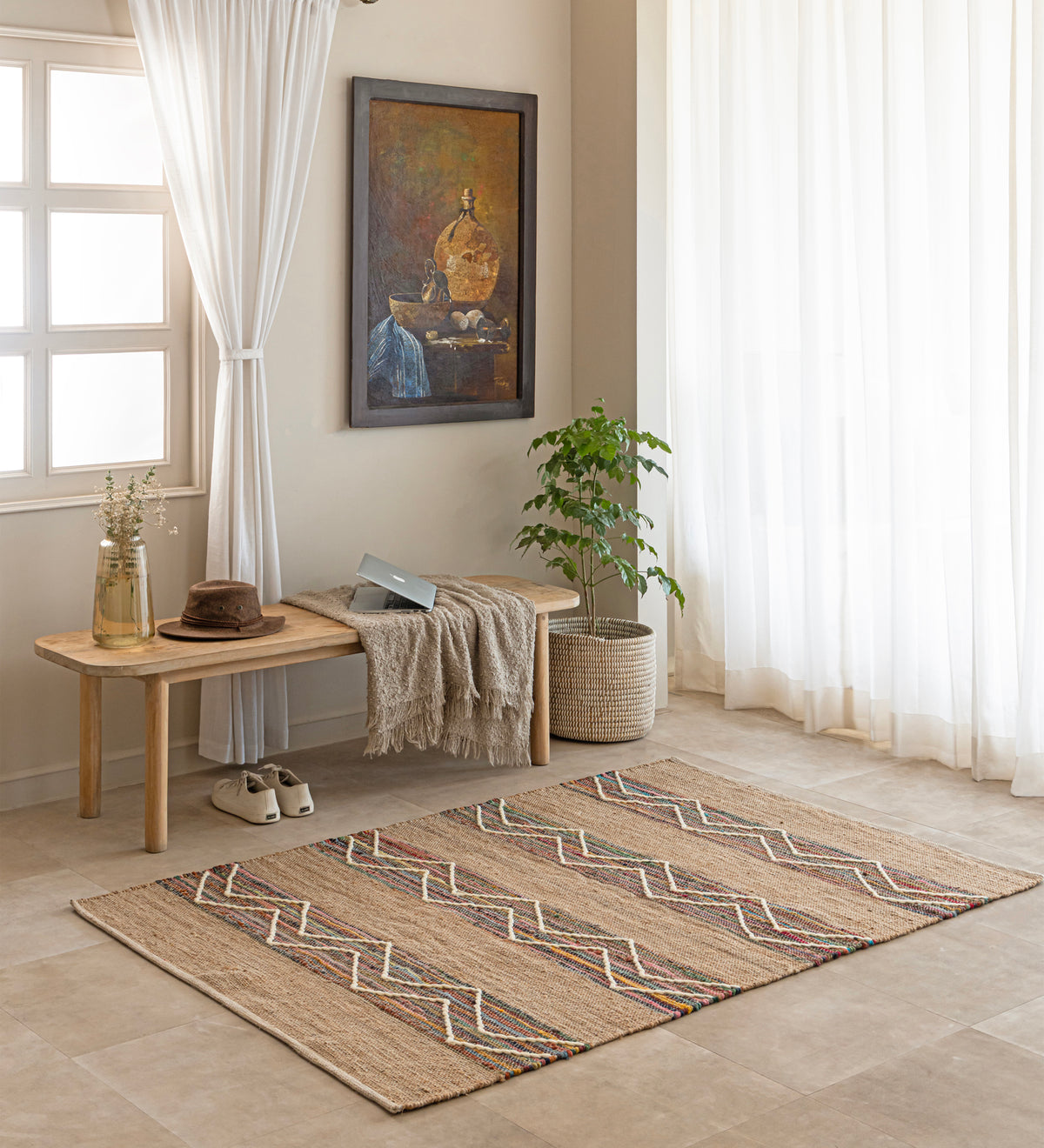 VARA Multicolor Geometric Hand Woven Jute Dhurrie Rug (5 ft x 3 ft)