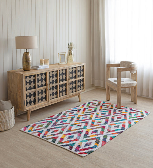 PAVAN Multicolor Geometric Hand Woven Cotton Dhurrie Rug (6 ft x 4 ft)