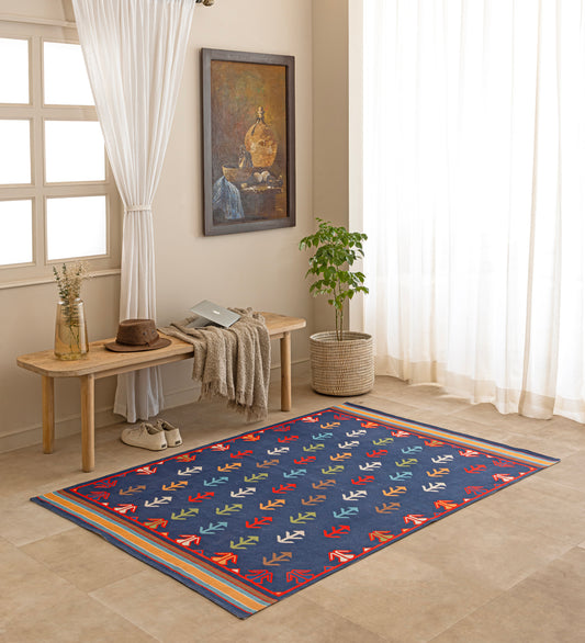 TARA Blue Geometric Hand Woven Cotton Dhurrie Rug (6 ft x 4 ft)