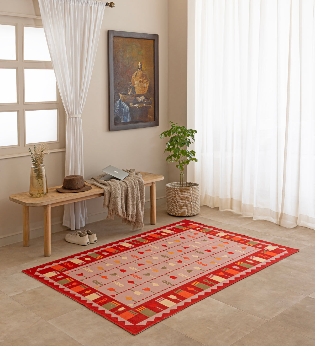 KAVYA Pink Geometric Hand Woven Cotton Dhurrie Rug (5 ft x 3 ft)