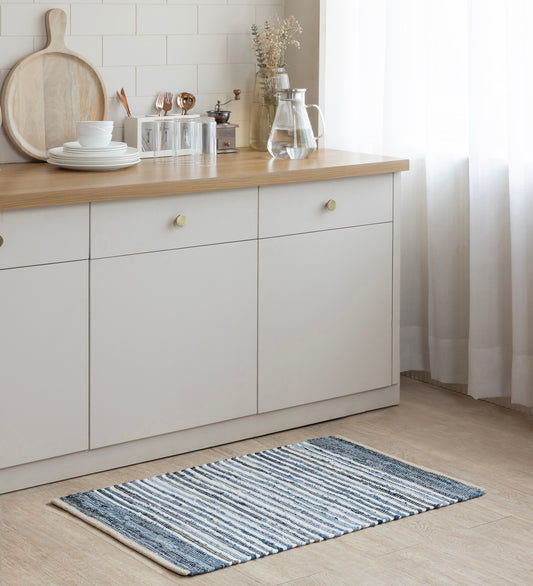 DHAARA Blue Striped Hand Woven Cotton Dhurrie Rug (3 ft x 2 ft)