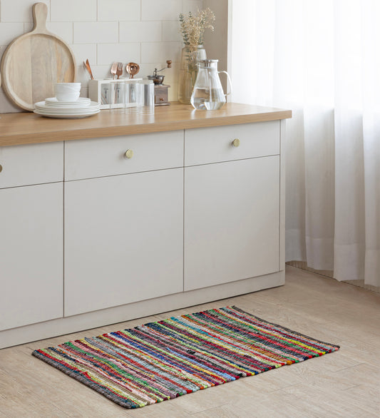 EIRA Multicolor Striped Hand Woven Cotton Dhurrie Rug (3 ft x 2 ft)