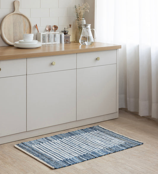 HARINI Blue Striped Hand Woven Cotton Dhurrie Rug (3 ft x 2 ft)