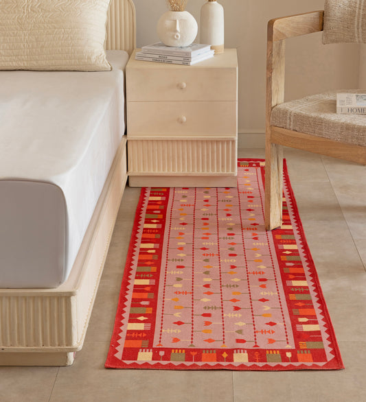 TARA Beige Traditional Hand Woven Cotton Dhurrie Runner Rug (6 ft x 2 ft)