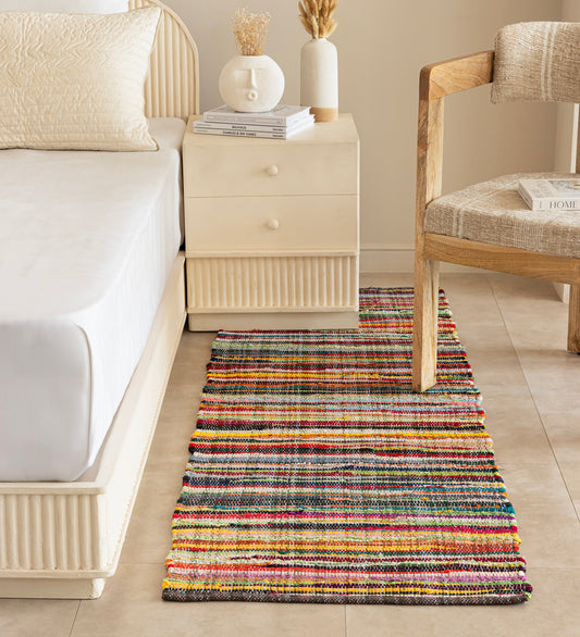RIVA Brown Traditional Hand Woven Cotton Dhurrie Runner Rug (6 ft x 2 ft)