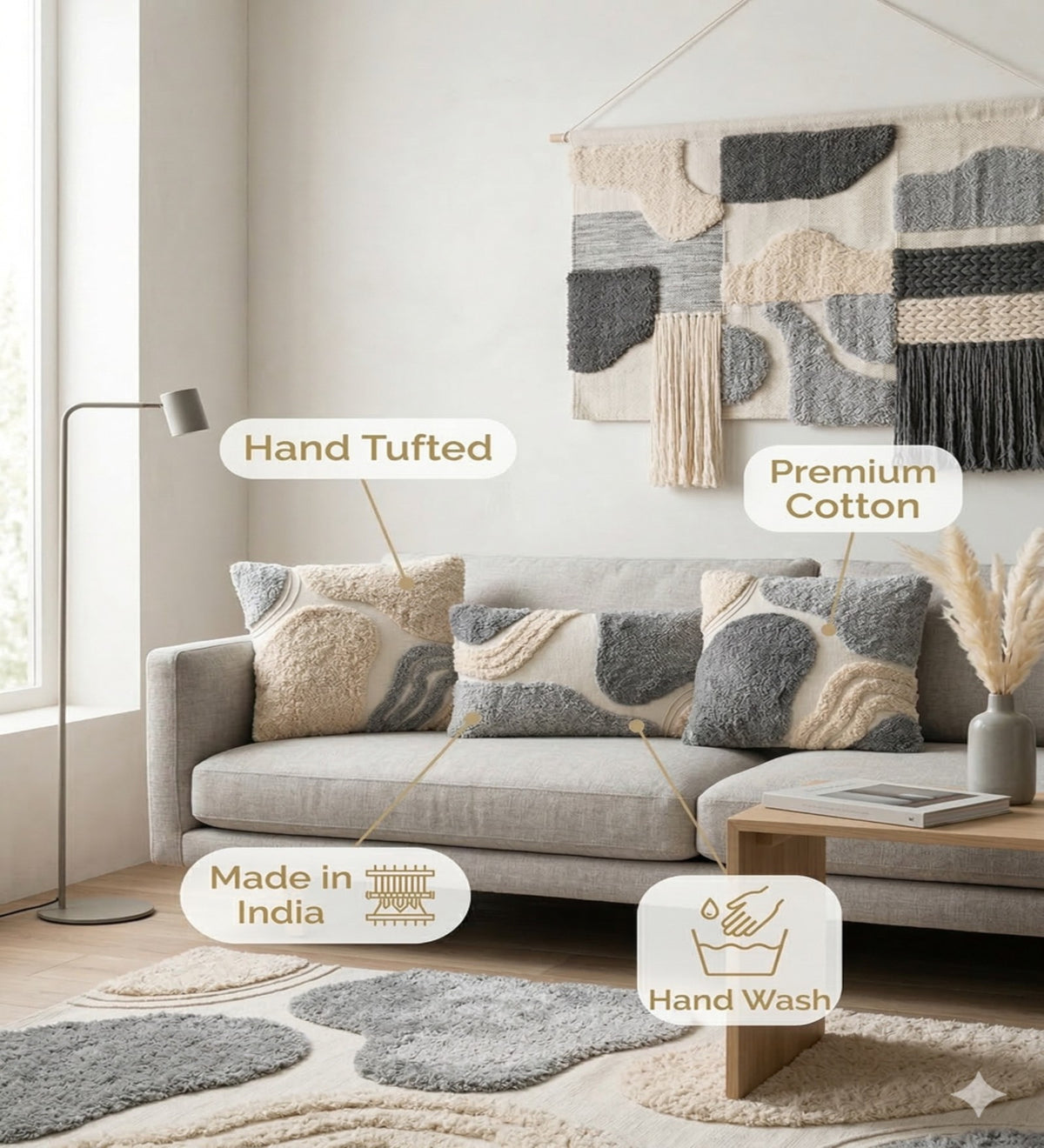 NIVA - Modern Tufted Grey Cushion Covers Set of 3 (18x18) | Textured Home Decor