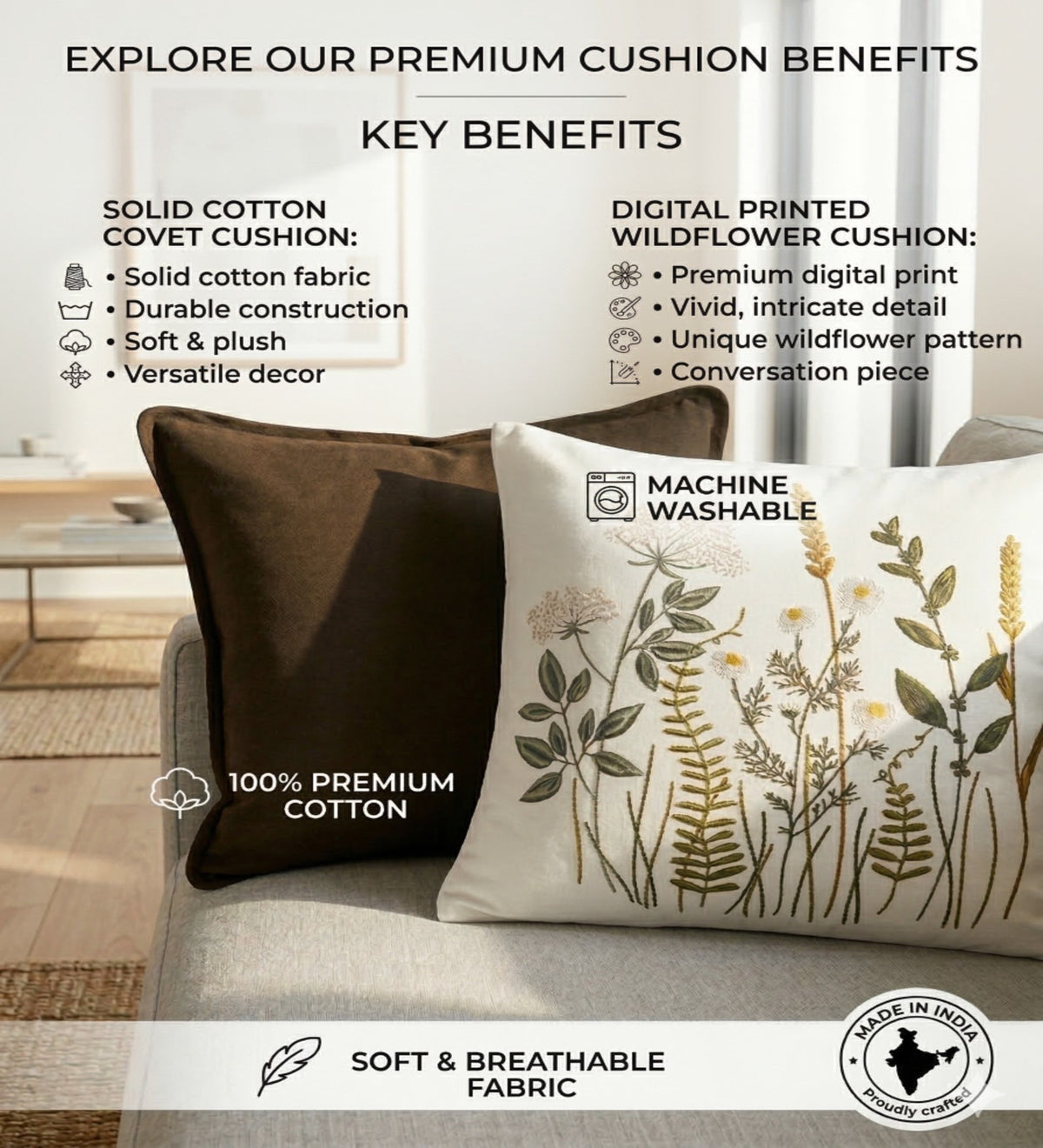 ZOYA - Modern Floral Cushion Covers Set of 2 (18x18) | Elegant Home Decor