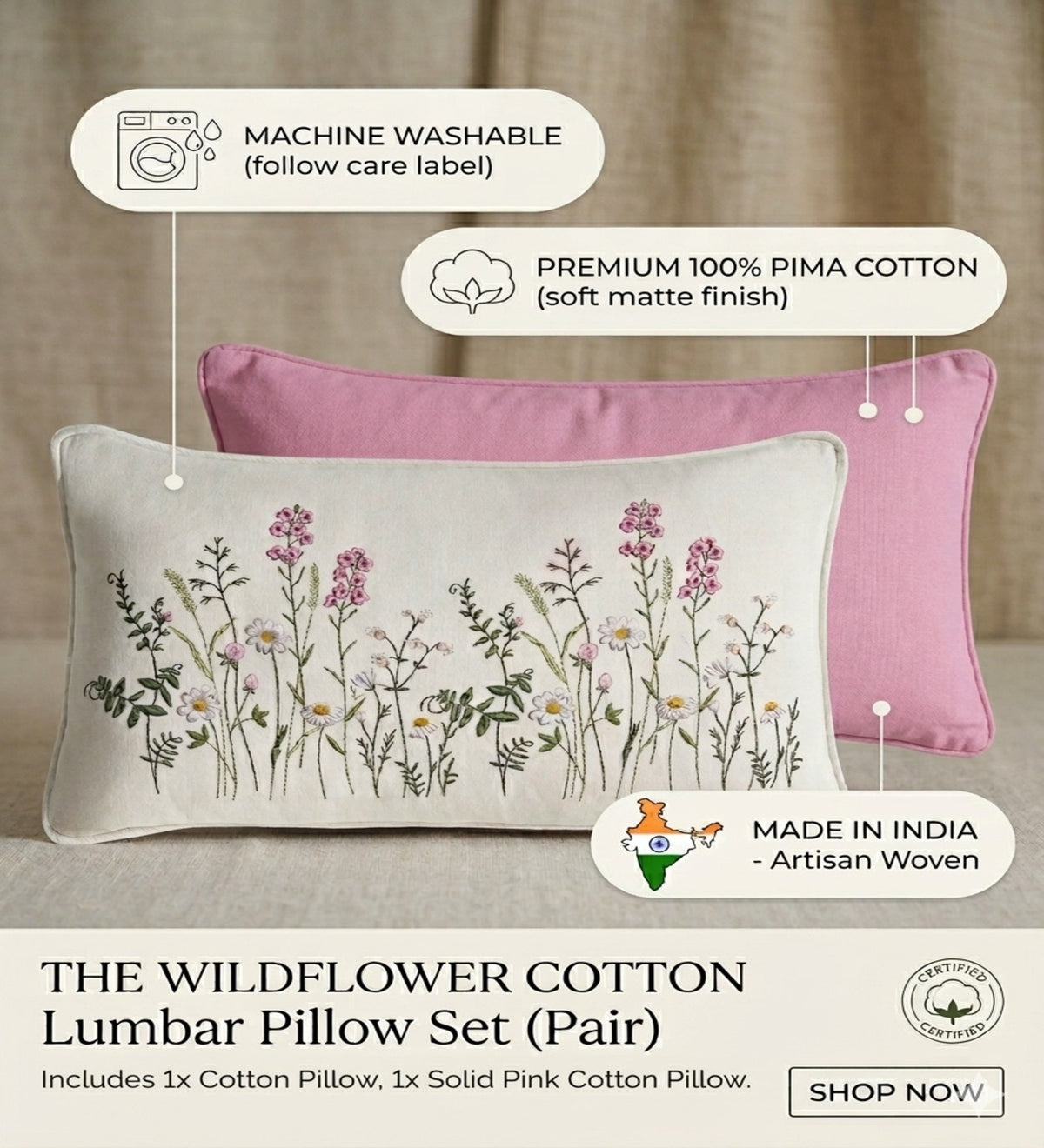PINKA - Pink Floral Lumbar Cushion Covers Set of 2 (20x12) | Soft Home Decor
