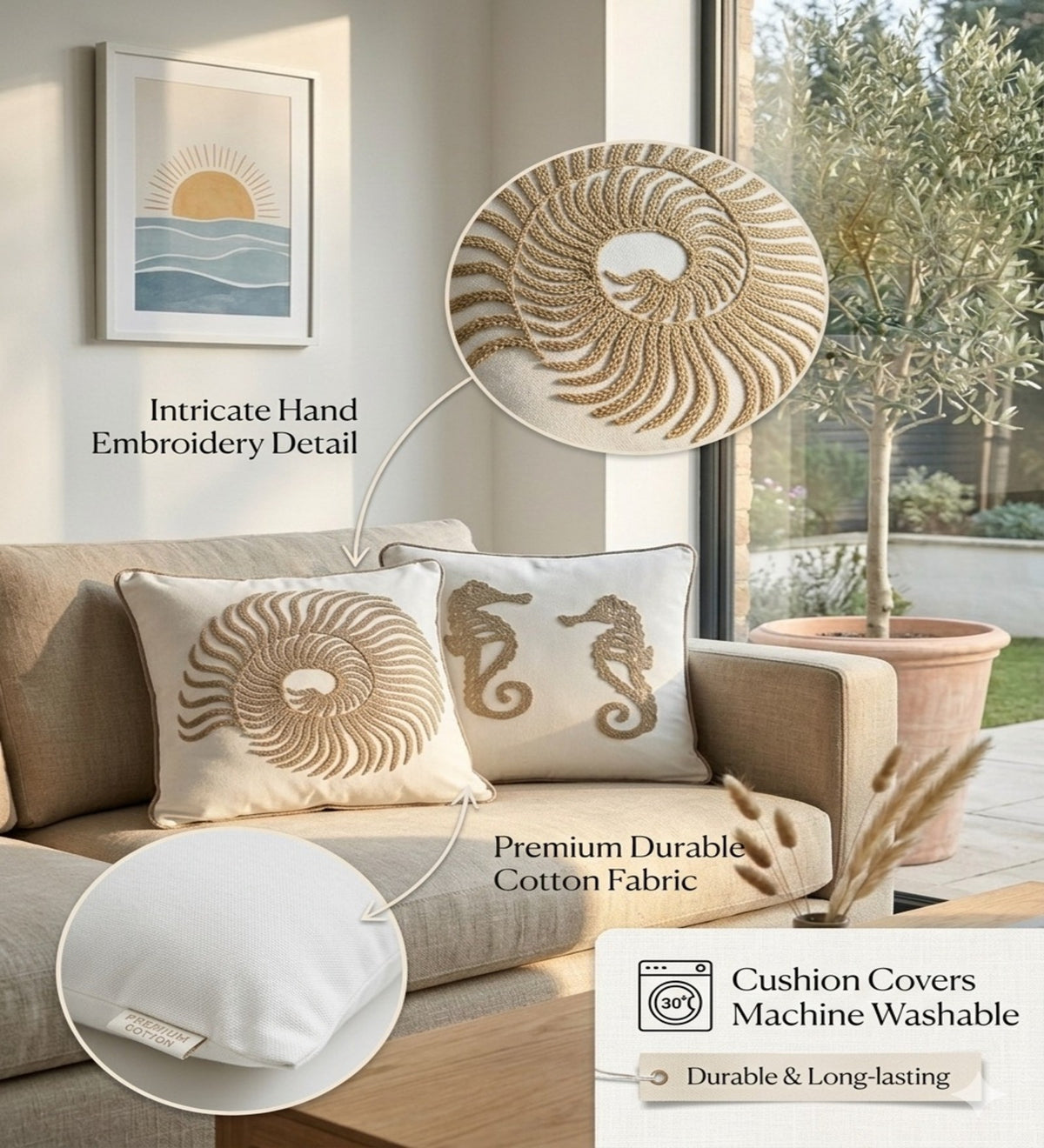 SHELLA - Embroidered Seashell Cushion Covers Set of 2 (18x18) | Coastal Home Decor