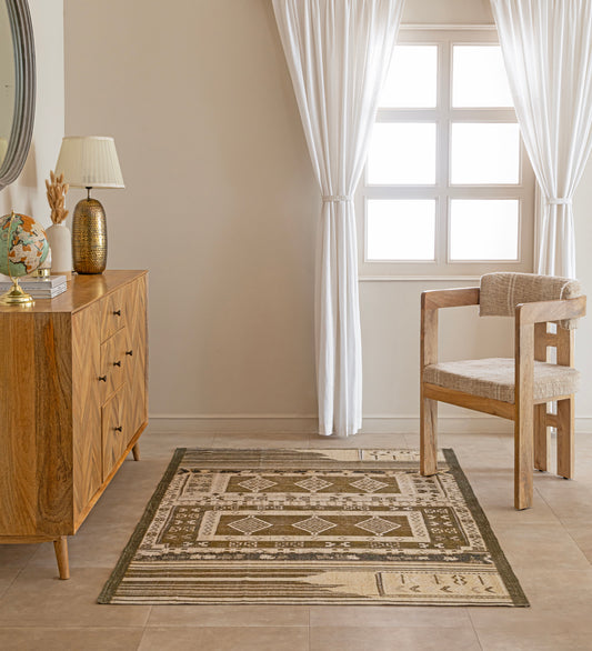 RIYA Green Geometric Hand Woven Cotton Dhurrie Rug (6 ft x 4 ft)