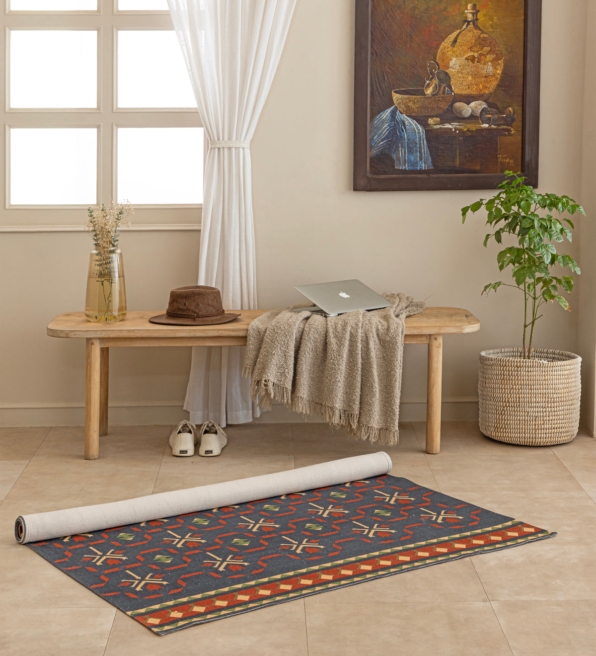 ANAYA Blue Geometric Hand Woven Cotton Dhurrie Rug (5 ft x 3 ft)