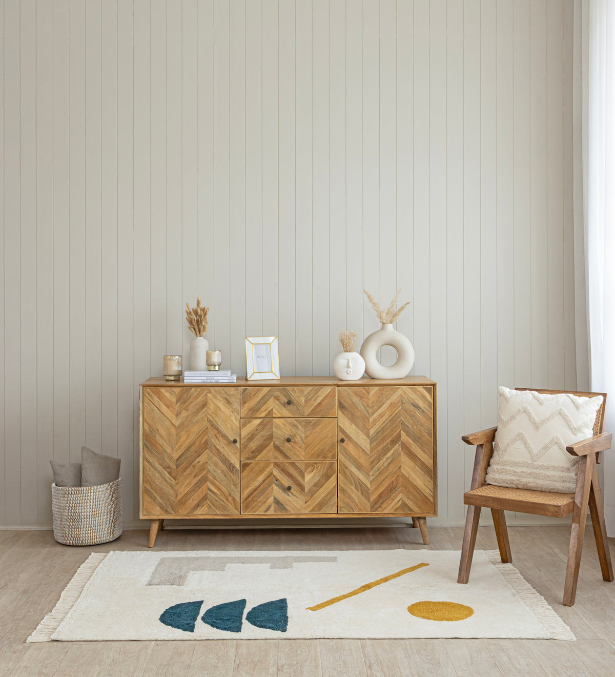 OMYA White Geometric Hand Woven Cotton Dhurrie Rug (5 ft x 3 ft)
