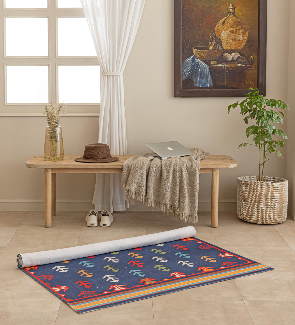 MEERA Blue Geometric Hand Woven Cotton Dhurrie Rug (5 ft x 3 ft)