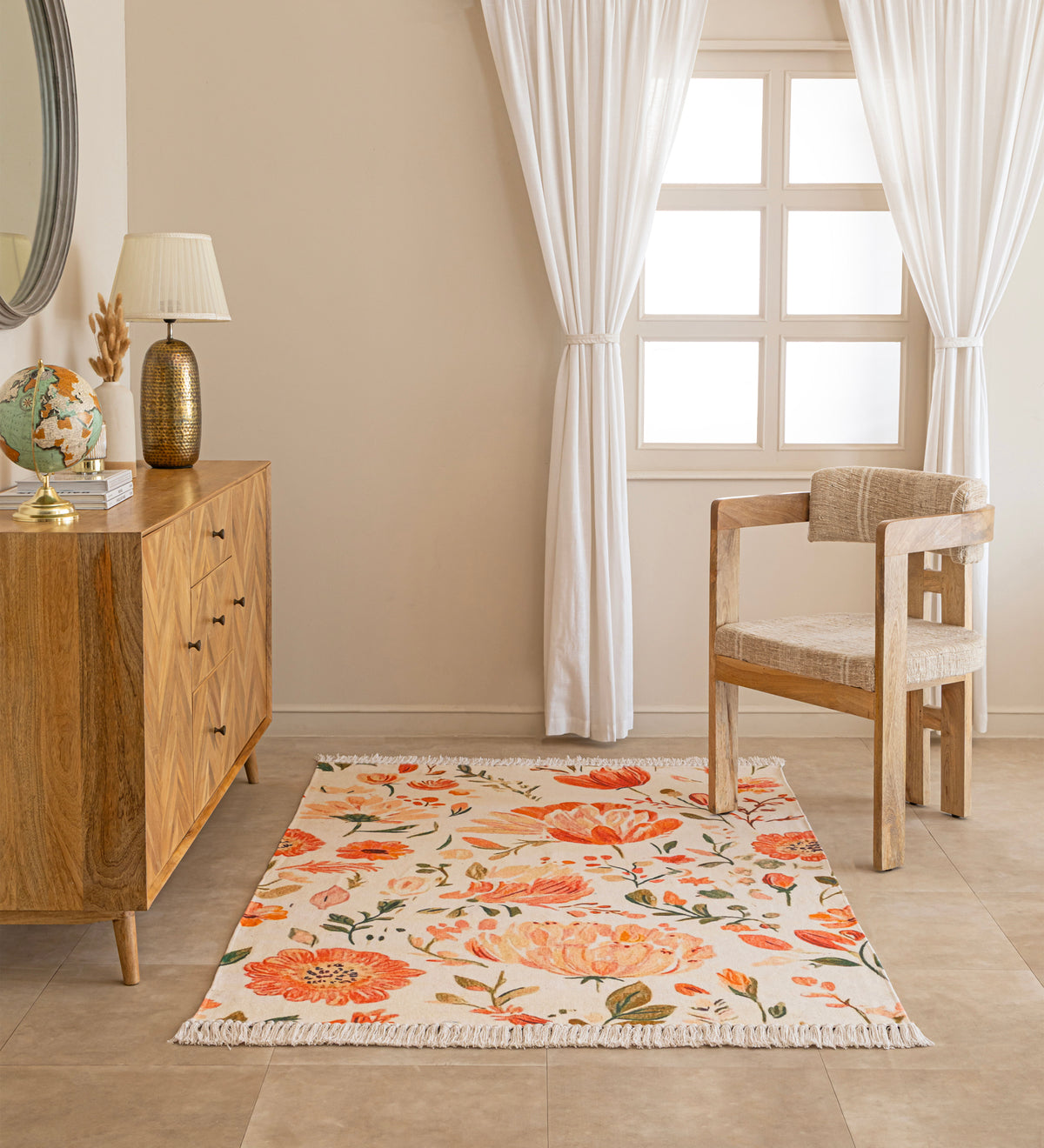 AANYA Cream Floral Hand Woven Cotton Dhurrie Rug (6 ft x 4 ft)