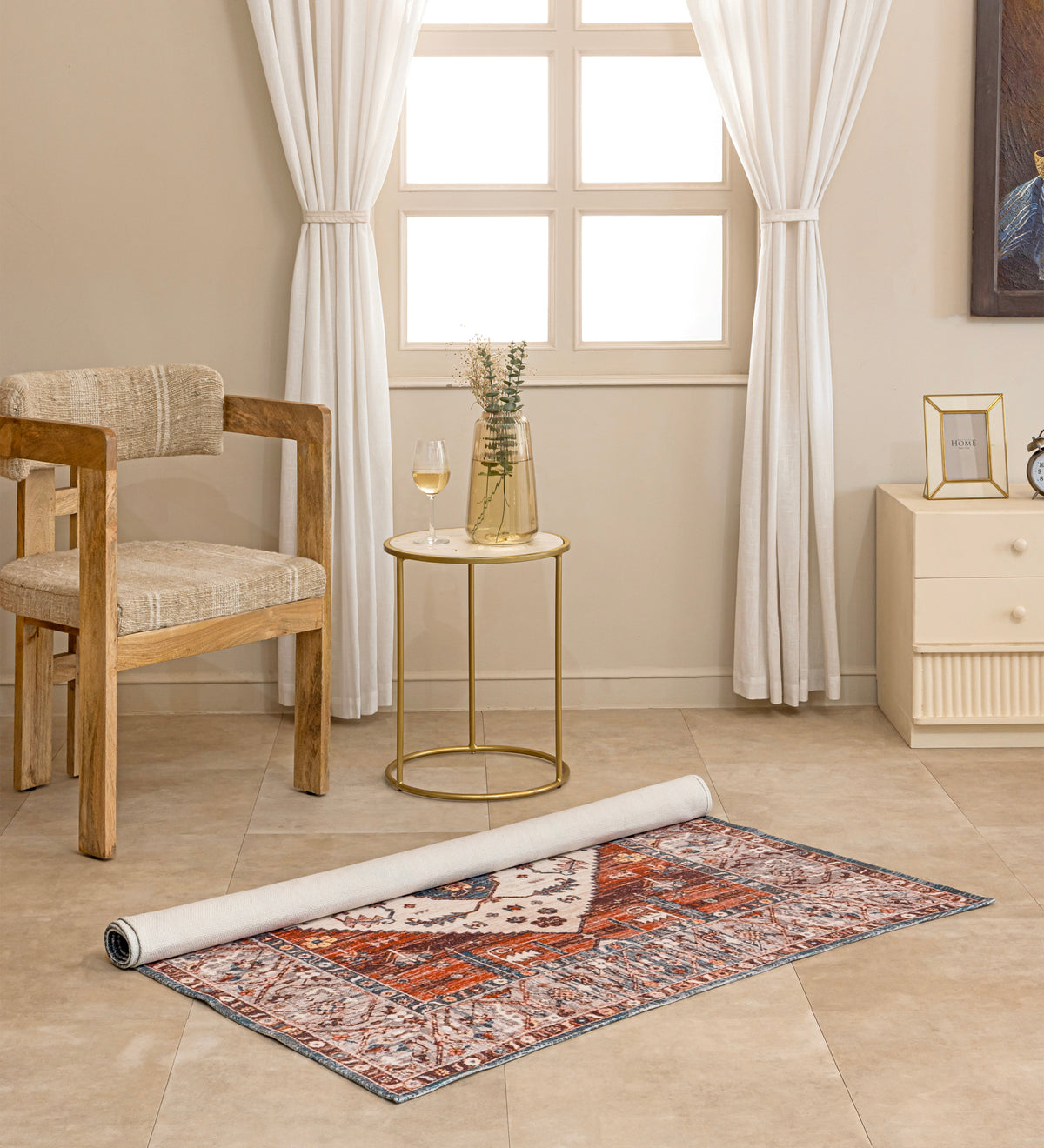 AMARA Cream Geometric Hand Woven Cotton Dhurrie Rug (6 ft x 4 ft)