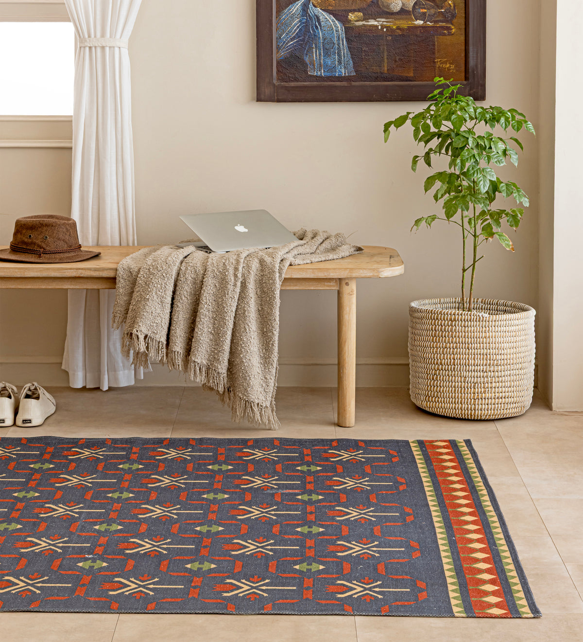MIRA Blue Geometric Hand Woven Cotton Dhurrie Rug (6 ft x 4 ft)