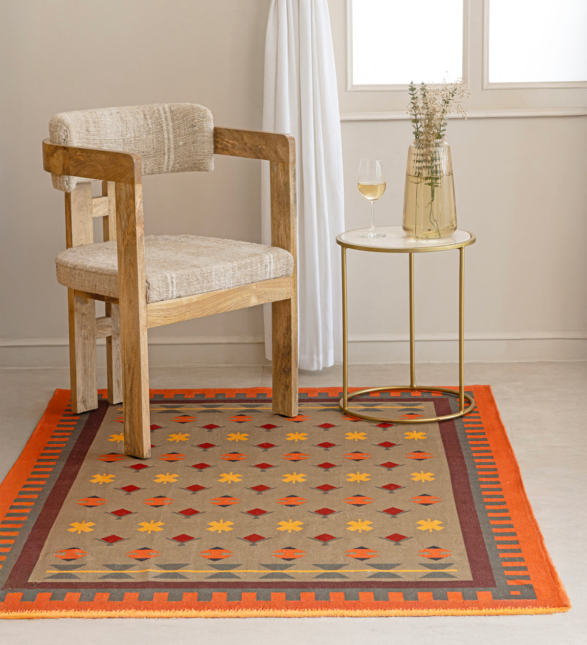 AIRA Beige Geometric Hand Woven Cotton Dhurrie Rug (5 ft x 3 ft)