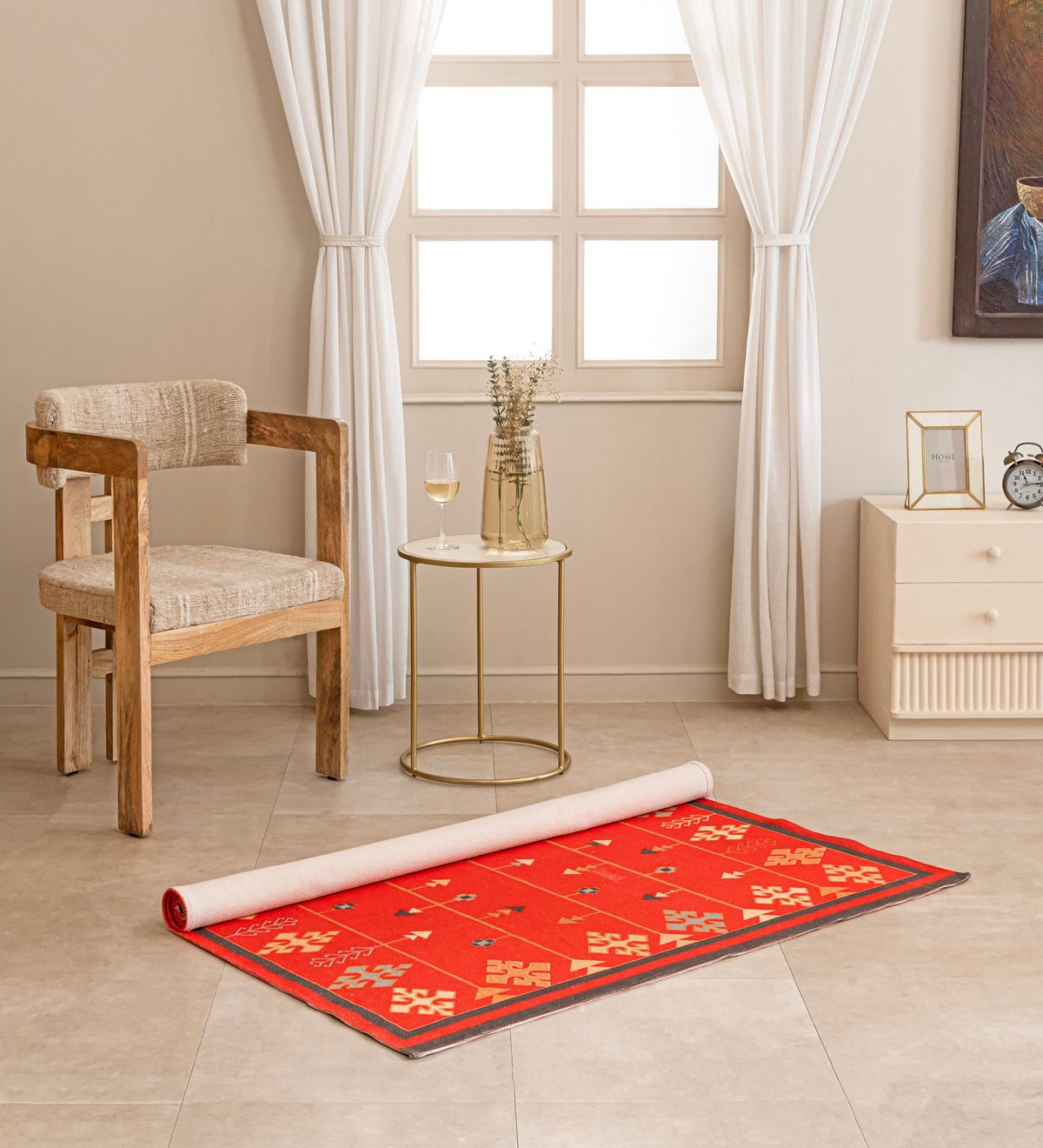 AAROH Maroon Geometric Hand Woven Cotton Dhurrie Rug (6 ft x 4 ft)