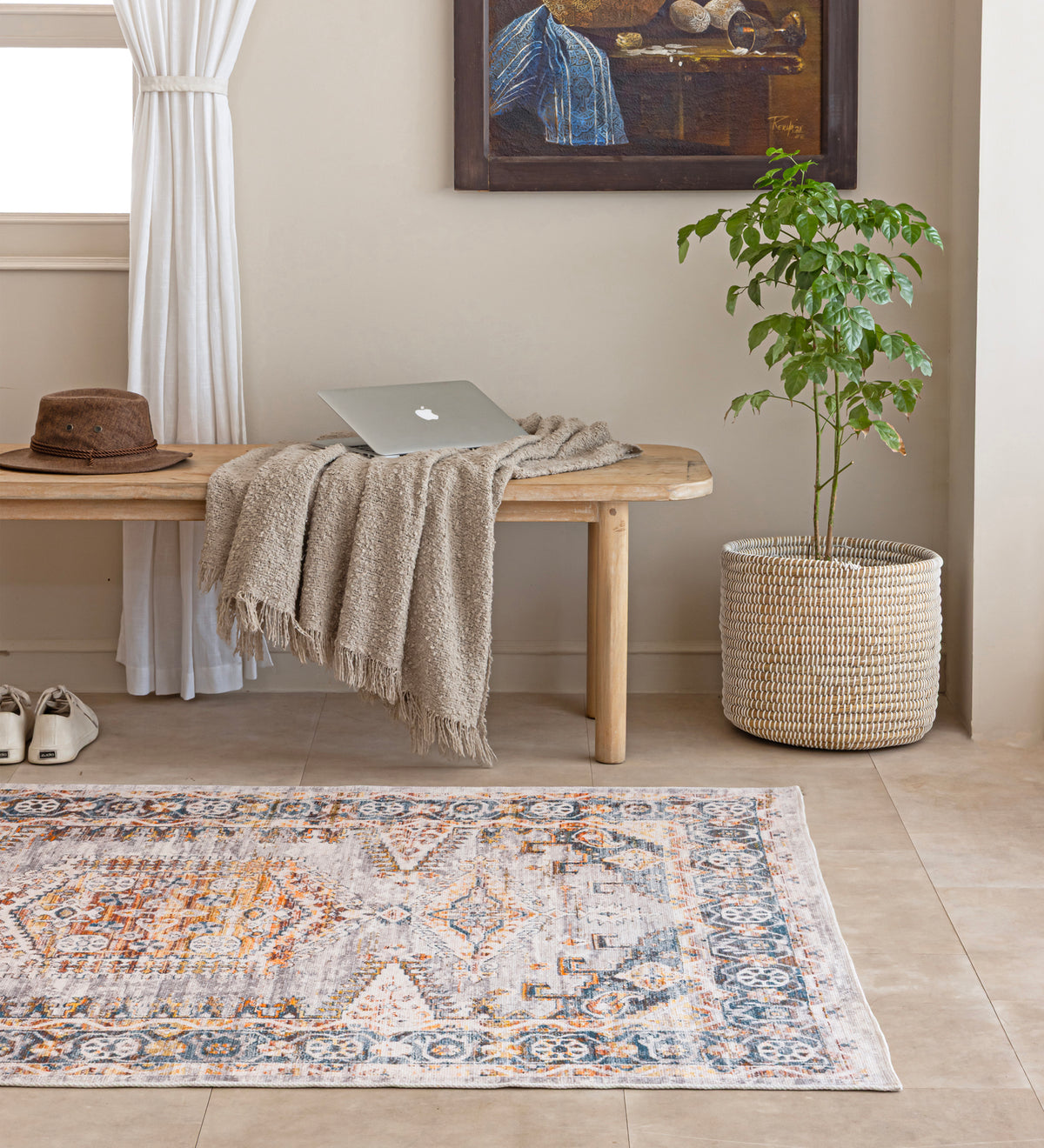 NOOR Cream Geometric Hand Woven Cotton Dhurrie Rug (6 ft x 4 ft)