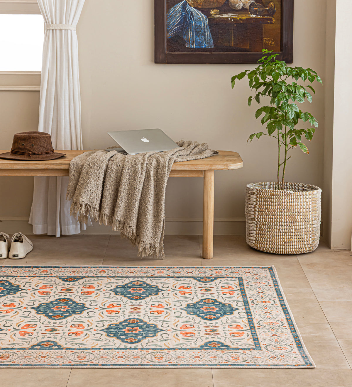 KASHI Beige Geometric Hand Woven Cotton Dhurrie Rug (6 ft x 4 ft)