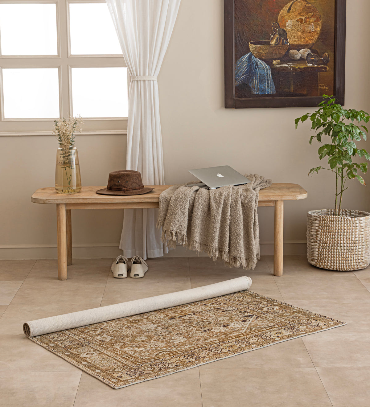 SAHANA Cream Geometric Hand Woven Cotton Dhurrie Rug (6 ft x 4 ft)