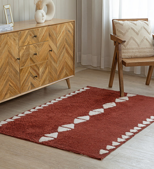 SAMARA Maroon Geometric Hand Woven Cotton Dhurrie Rug (8 ft x 5 ft)