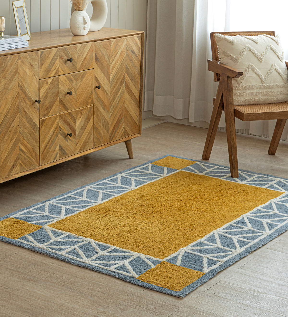 EKA Yellow Geometric Hand Woven Cotton Dhurrie Rug (6 ft x 4 ft)