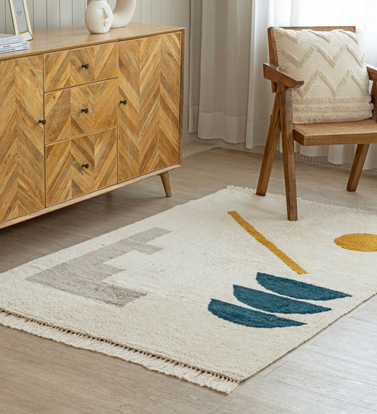 OMYA White Geometric Hand Woven Cotton Dhurrie Rug (5 ft x 3 ft)