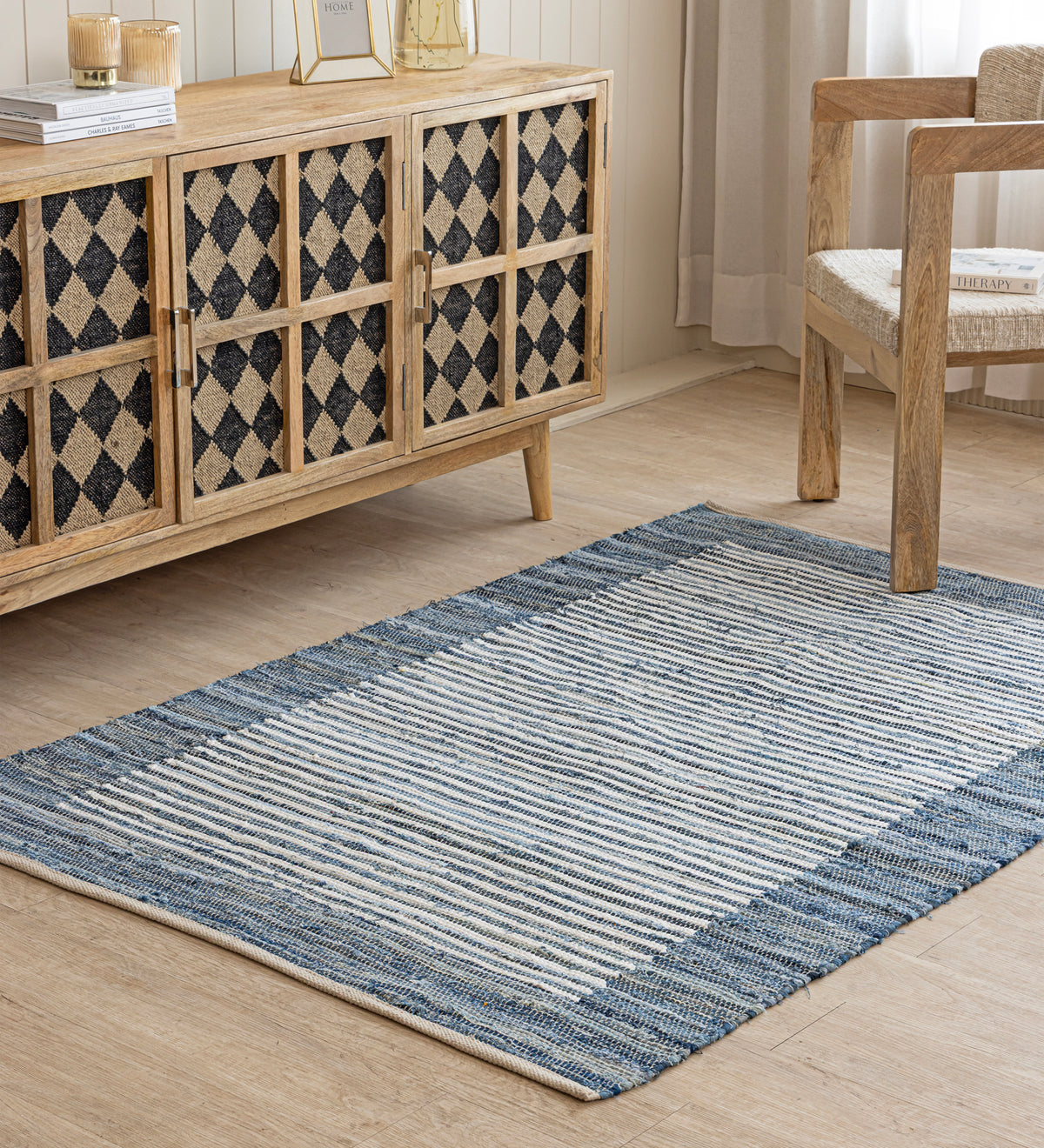 KIAN Blue Striped Hand Woven Cotton Dhurrie Rug (6 ft x 4 ft)