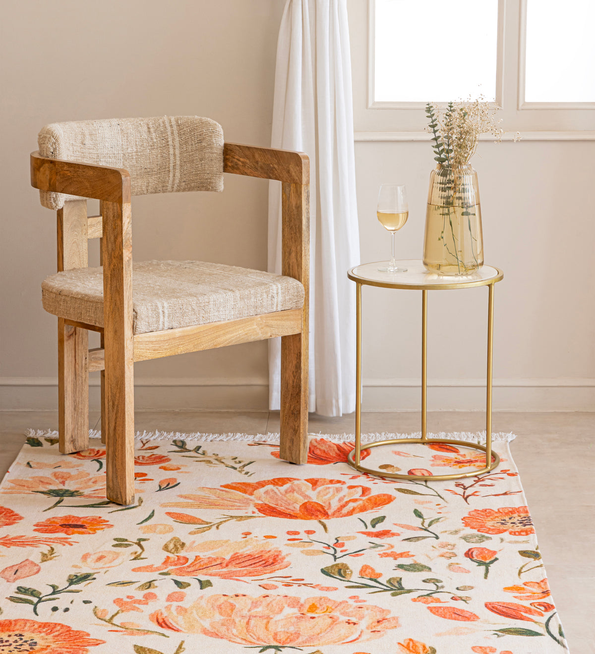 AANYA Cream Floral Hand Woven Cotton Dhurrie Rug (6 ft x 4 ft)