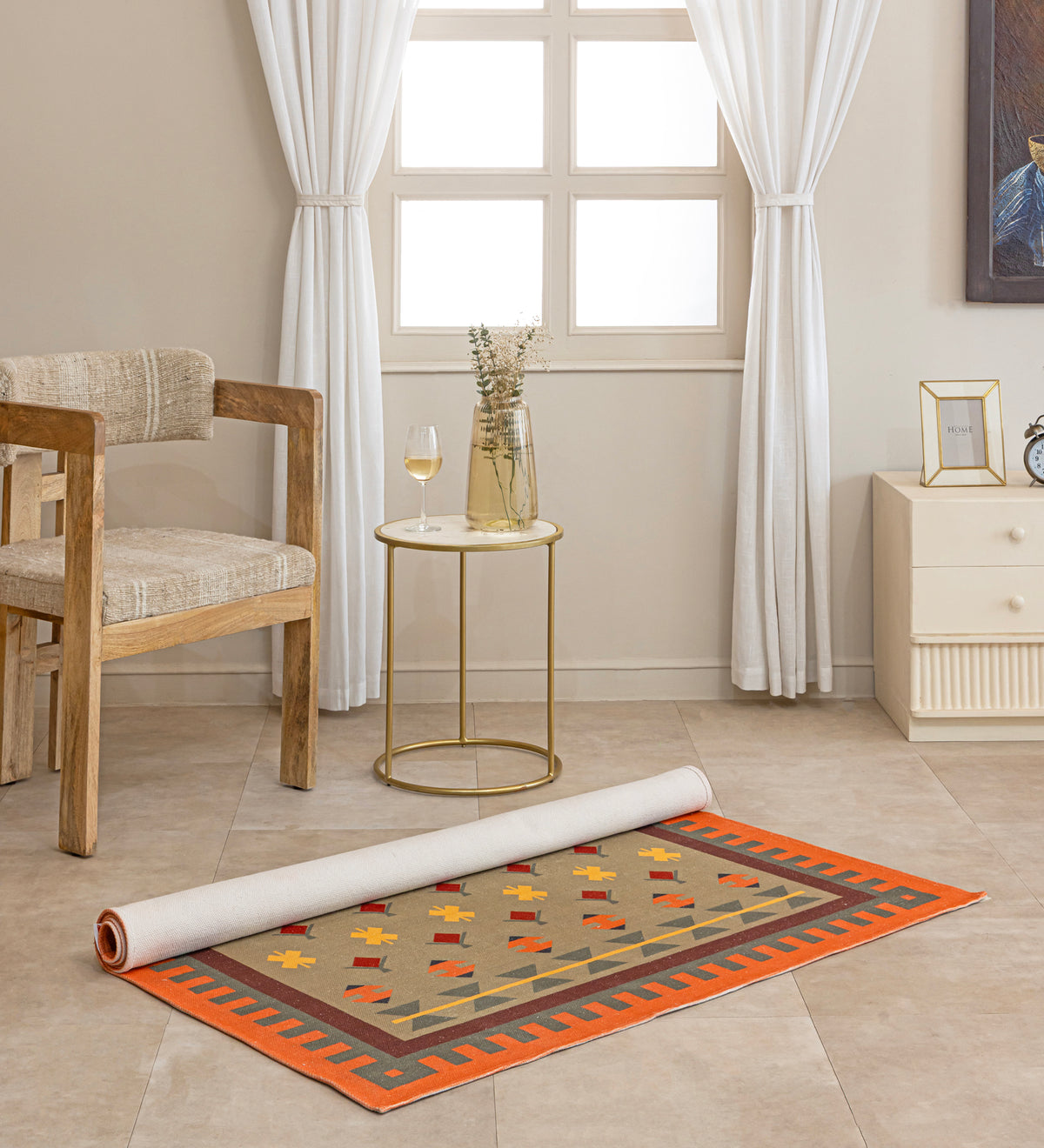 SIA Beige Geometric Hand Woven Cotton Dhurrie Rug (6 ft x 4 ft)