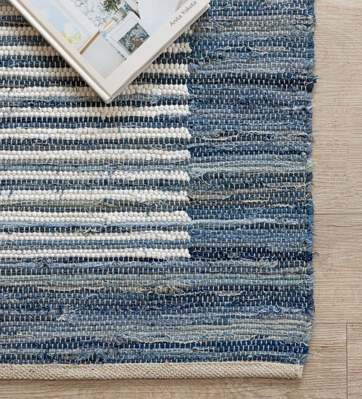 KIAN Blue Striped Hand Woven Cotton Dhurrie Rug (6 ft x 4 ft)
