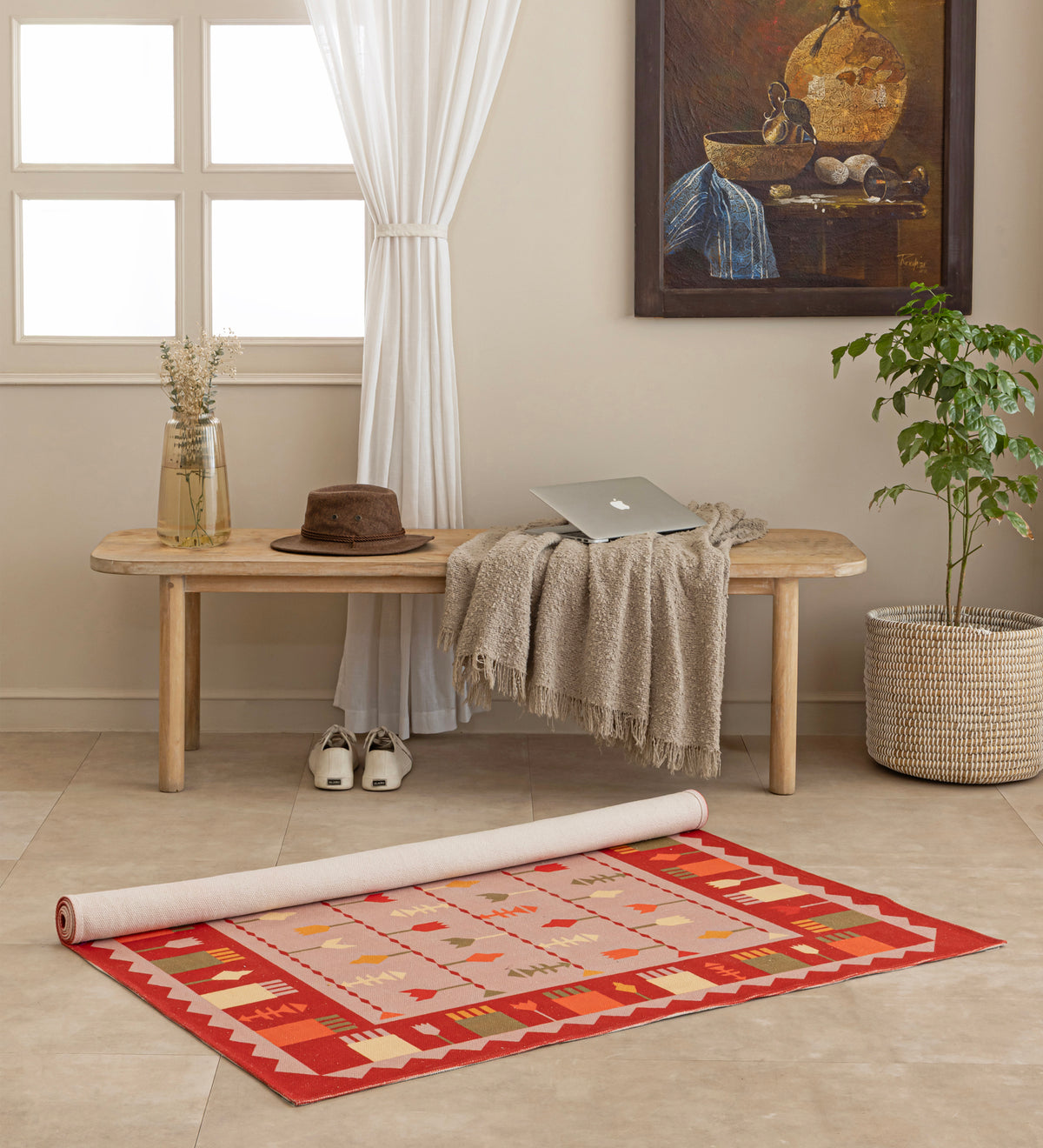 KAVYA Pink Geometric Hand Woven Cotton Dhurrie Rug (5 ft x 3 ft)
