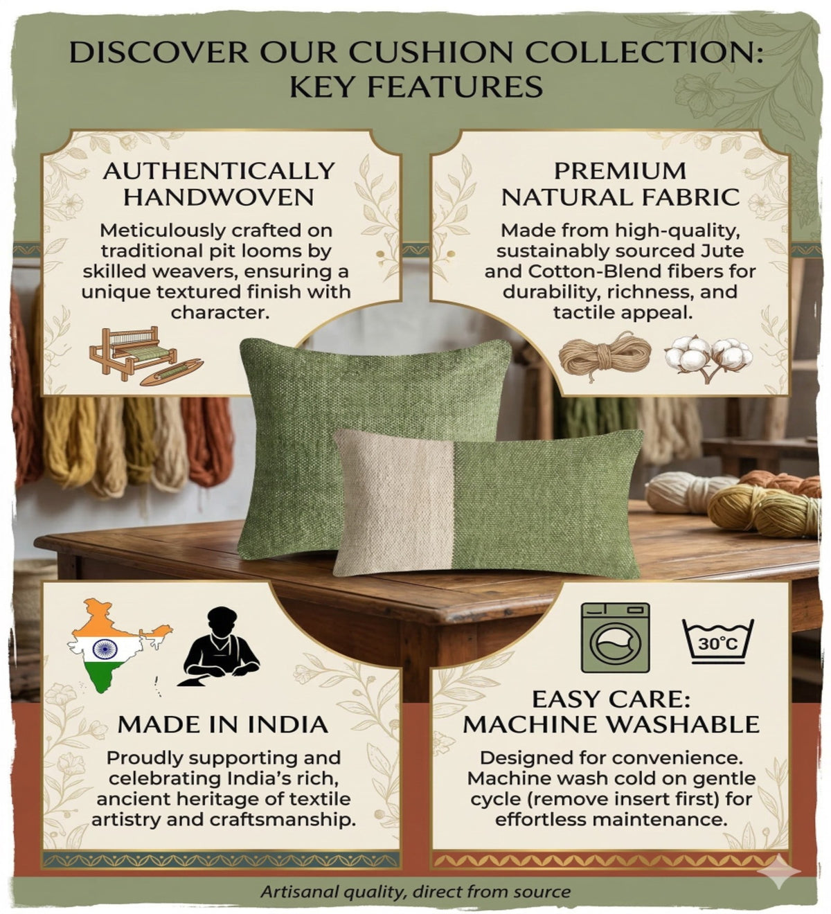 IRA - Hand Woven Green Cushion Covers Set of 2 (18x18) | Textured Home Decor