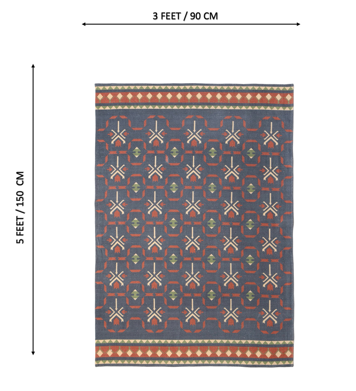 ANAYA Blue Geometric Hand Woven Cotton Dhurrie Rug (5 ft x 3 ft)