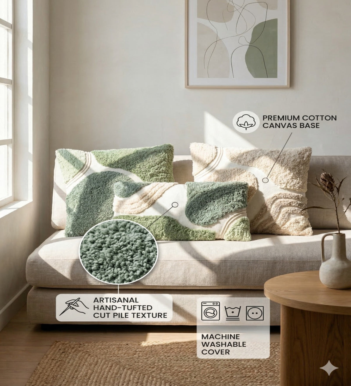 KIARA - Modern Tufted Green Cushion Covers Set of 3 (18x18) | Textured Home Decor
