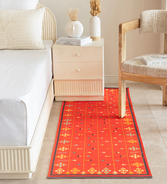Sanskriti Maroon Traditional Hand Woven Cotton Dhurrie Runner Rug (6 ft x 2 ft)