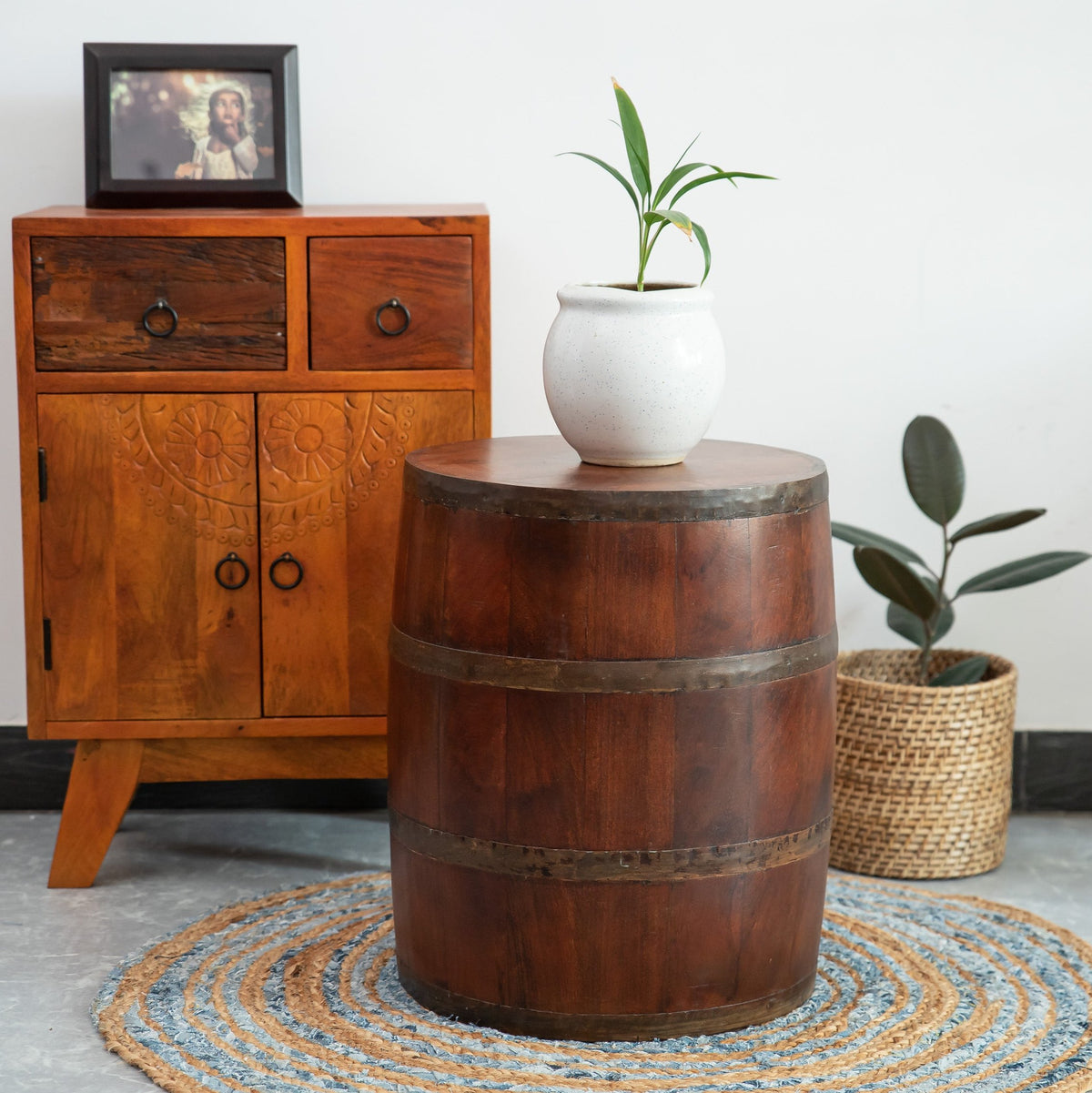 Drum Style Wooden End Table