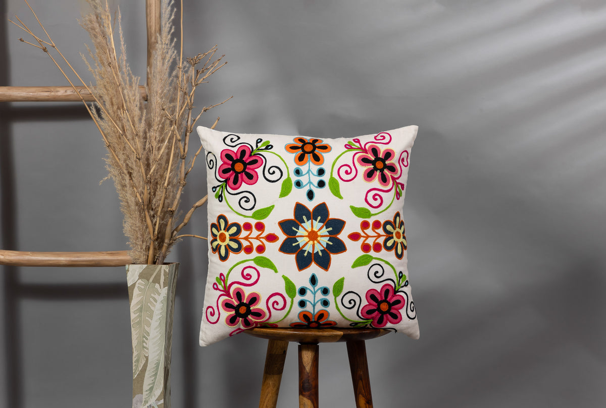 BAHRAICH - Floral Embroidered Cushion Cover