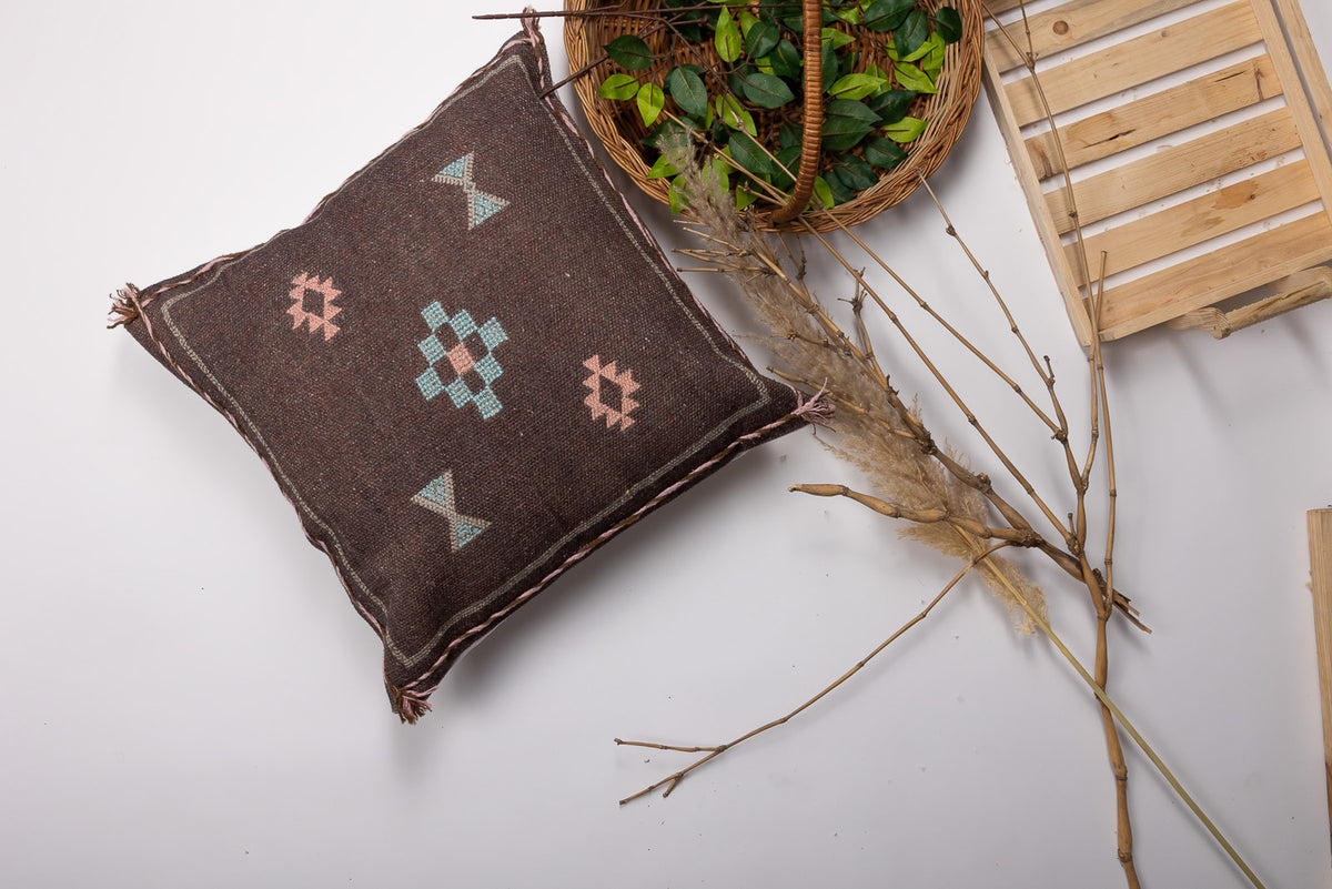 Brown Silk Embrodiery Digital Cushion Cover