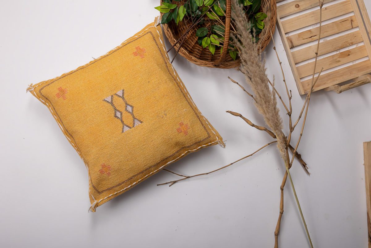 Yellow Silk Embrodiery Digita Cushion Cover
