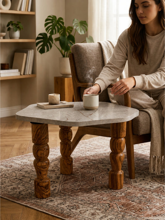 Modern Grey Abstract Coffee Table with MDF Marble Finish Top & Acacia Wood Legs