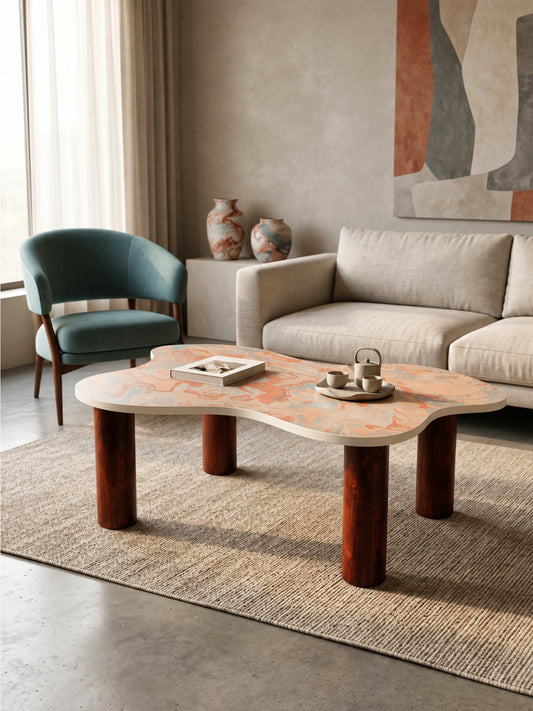 The Gasbh Coffee Table for Living Room | Modern Abstract Shaped Coffee Table with Acacia Wood 4 Legs | Cream Marble Finish Centre Table | Pre-Assembled | Stylish Wooden Table for Modern Home