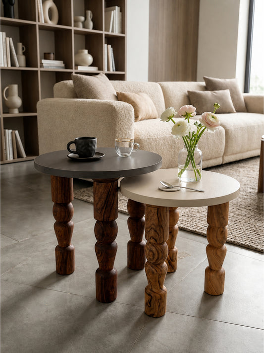 The Gasbh Acacia Wood Set of 2 Coffee Tables for Living Room | Beige and Grey Round Side Tables | Hand Crafted Wooden Legs | Modern Centre Tables for Home Decor | Pre Assembled | Multi Purpose Tables